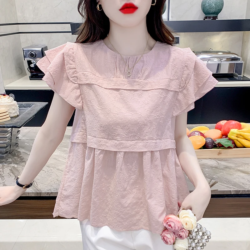 

Korean Style Cute Flutter Sleeve Embroidery Ruffle Blouses Summer Beige Khaki Pink Lace Shirts Top Elegant Ladies