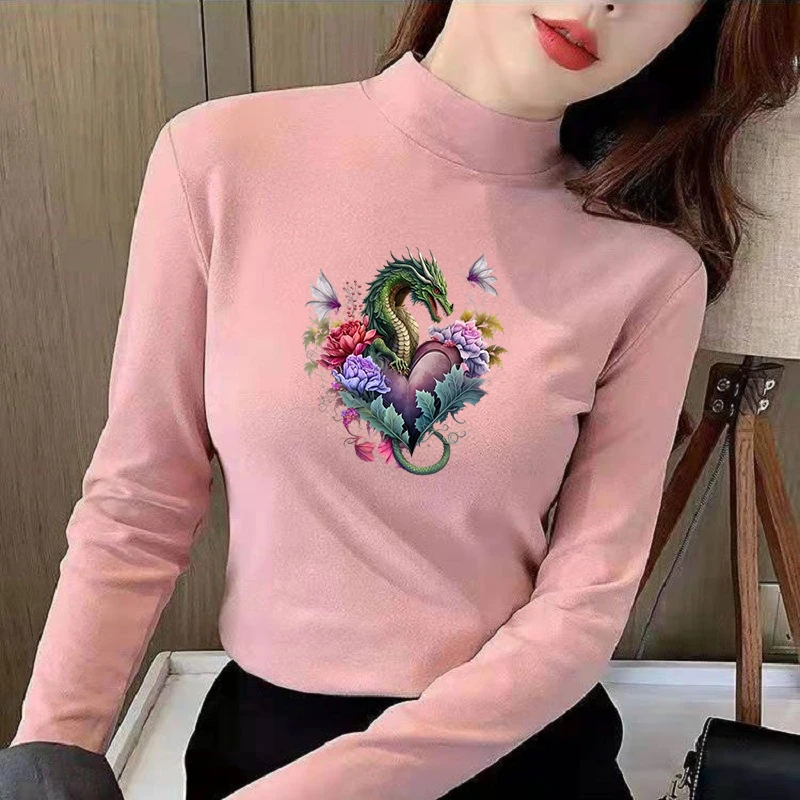 Winter Women's Thermal Brushed Fleece Half Mock Neck Long Sleeve T Shirt Green Dragon Heart Peony Graphic Warm Tee