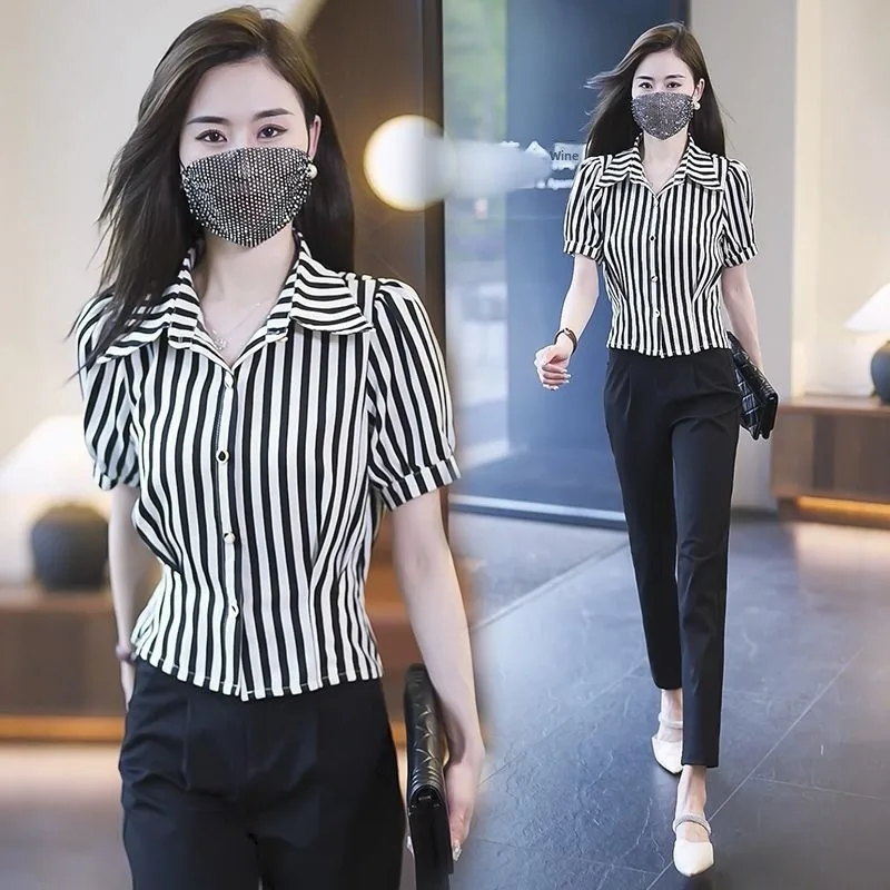 

Trendy Stripe Versatile Simple Fashionable Professional Summer New Commute Design Sensation Trend Shirt Lovely Women's Blouse