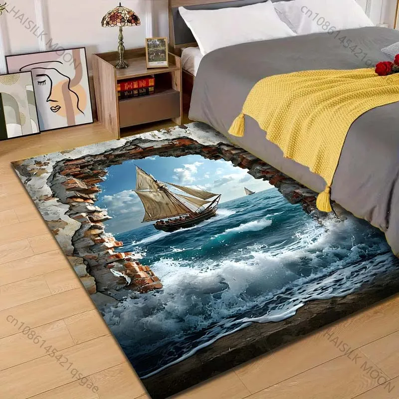 1PC Sailing ship through broken wall Print Carpet Rug for Living Room Bedroom Sofa Doormat Home Decor Non-slip Floor Mat