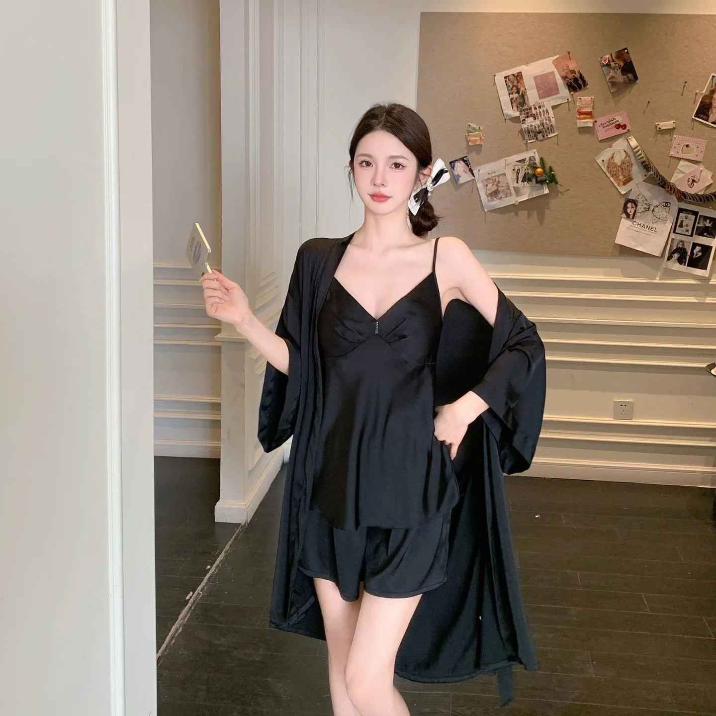 Loose Casual Bathrobe Cardigan Camisole Shorts Pijamas Suit Women 3PCS Pajamas Set Ice Silk Sleepwear Home Clothes