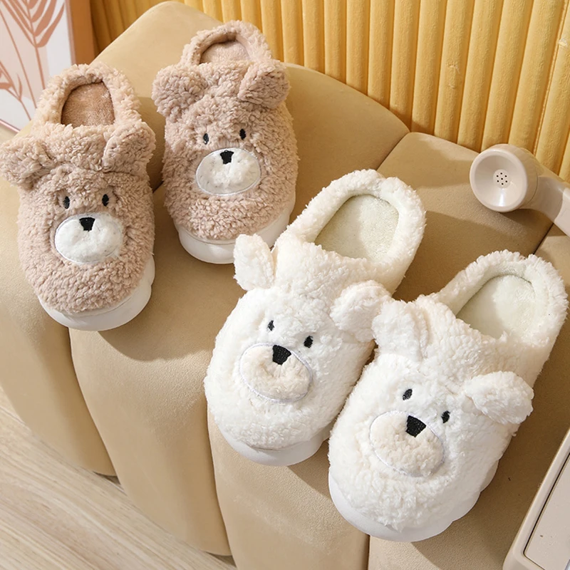 Cute Cartoon Bear Plush Slippers for Women 2024 Winter Warm Faux Fur Home Shoes Woman Thick Sole Non Slip Indoor Fluffy Slippers