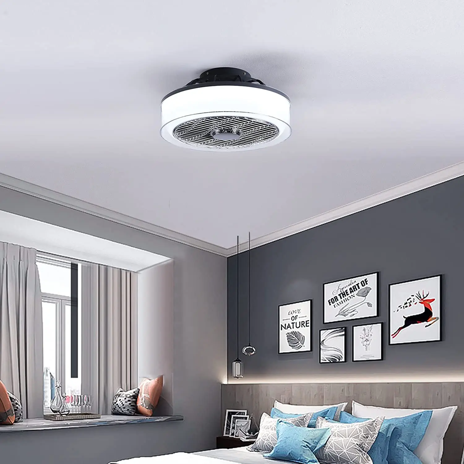 

15 Inch Round Semi Flush Mount Low Profile Bladeless Ceiling Fan with Remote Control for Bedroom