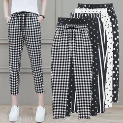 2024 Summer Dot Pattern Women New Large Size Wave Point Striped Appear Thin Cropped Pants Chiffon Elastic Waist Affordable Pants