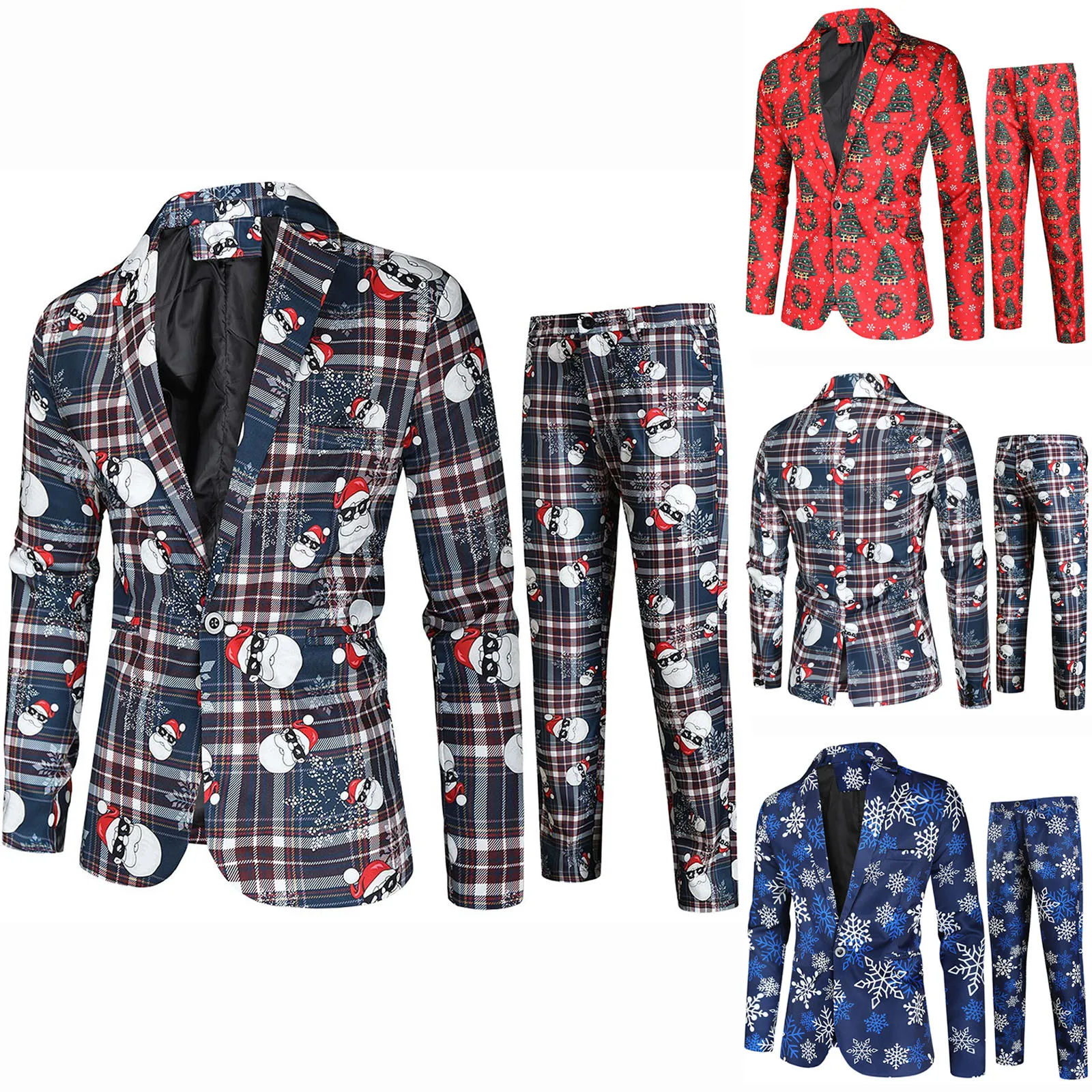 Men's Fashion Casual Christmas Printed Suit Jacket Pants Suit Set Of Two Tuxedo Complete Set Men Wear Clothes Jacket