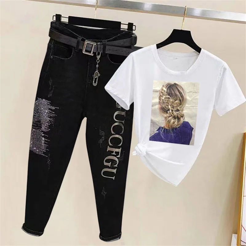 Pantalones vaqueros holgados y delgados con estampado de letras para mujer, camiseta de manga corta Coreana de pies pequeños, traje de moda, novedad de 2022