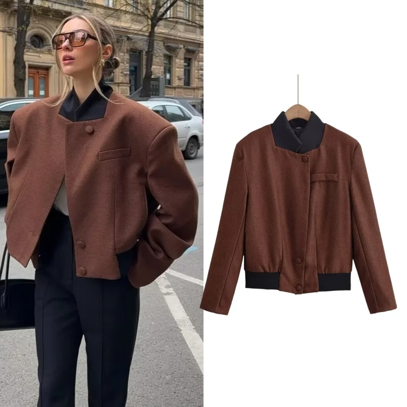 

Tidalyf 2025 New Woman Elegant Shoulder Pads Splicing Short Jacket O-Neck Single Breasted Elastic Waist Outwear Fashion Chic