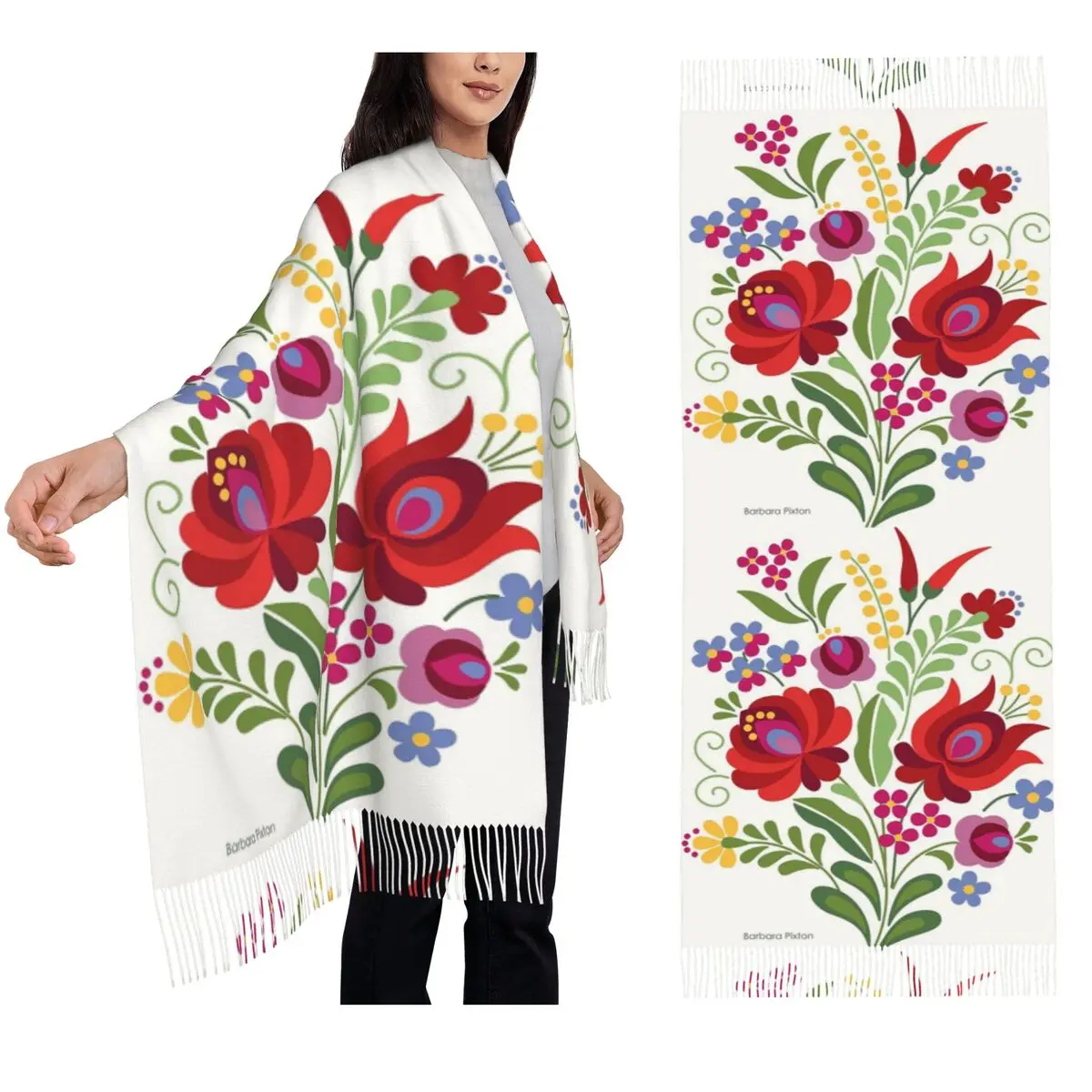Bufanda de pimientos rojos con diseño popular húngaro, bufandas con borlas, chales y chales suaves y cálidos para mujer, chal grande para Otoño e Invierno