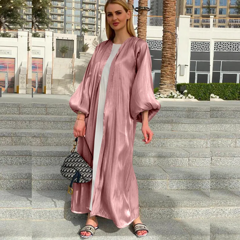 2024 Eid Djellaba Abaya Dubai Shiny Soft Cuff Sleeves Muslim Dress Silky Kimono Dubai Turkey Muslim Dress Islam Abayas With Belt