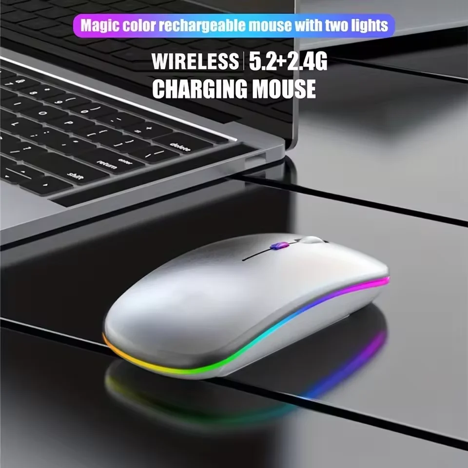 ماوس لاسلكي جديد مزود بتقنية البلوتوث LED ووضاع مزدوجة 2.4 جيجا هرتز قابل لإعادة الشحن RGB مريح صامت لخلية الكمبيوتر المحمول iPad