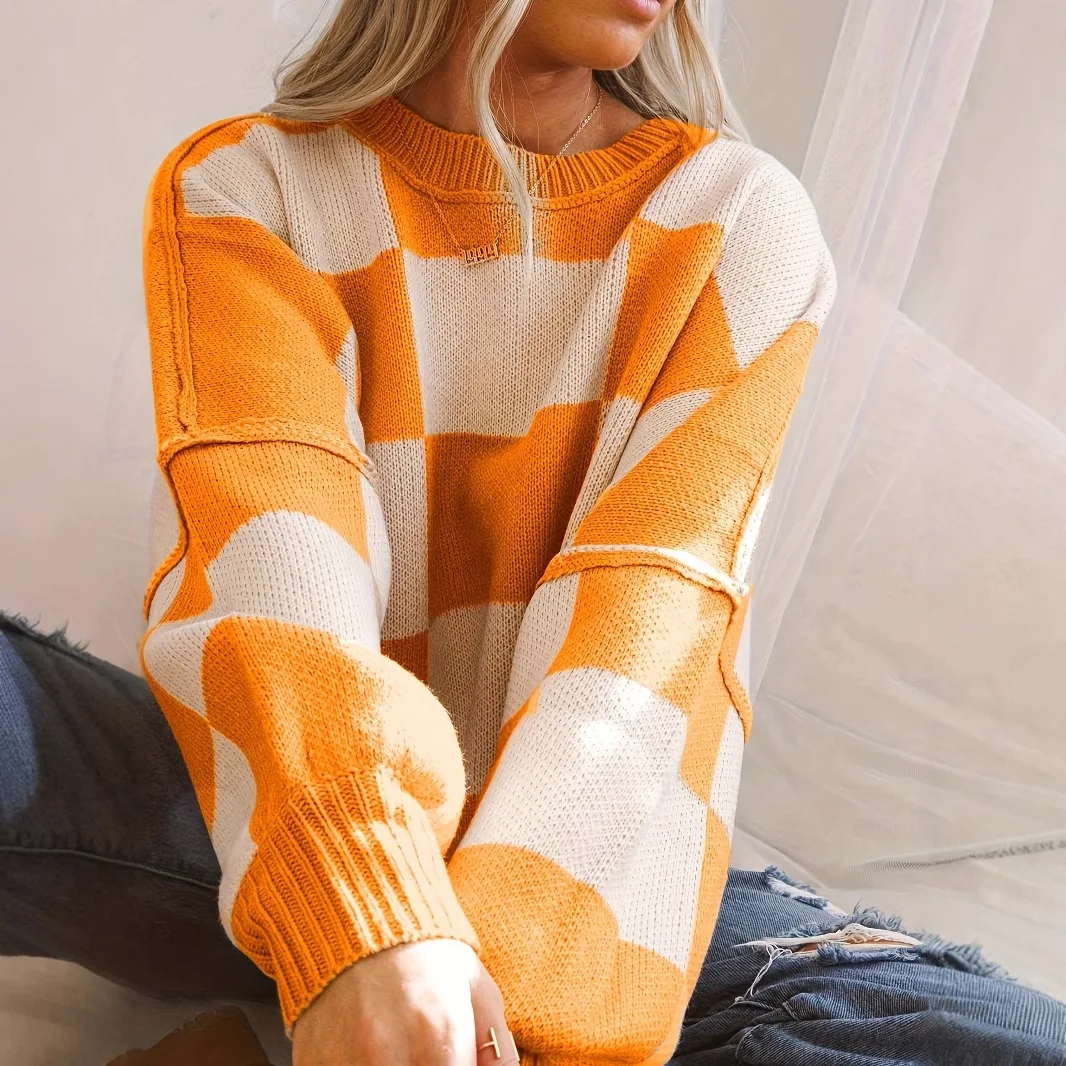 Knitted Pullover Sweaters Women Plaid Jumpers Spliced Color Blocked Round Neck Long Sleeves Loose Fit Casual 2025 Autumn Winter