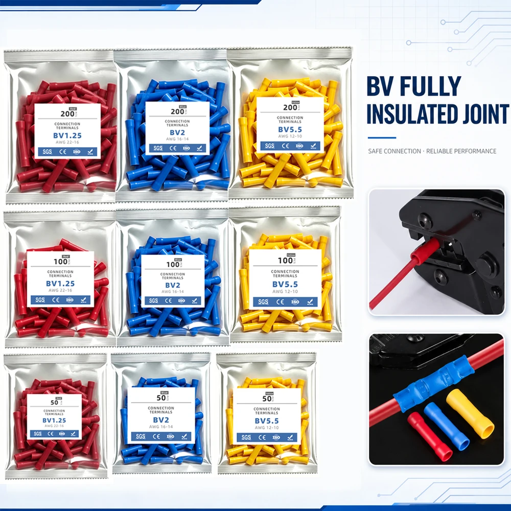 50/100/200PCS BV Insulated Butt Wire Connectors | Crimp Splice Terminal | Copper Electrical Wire Connector AWG22-10