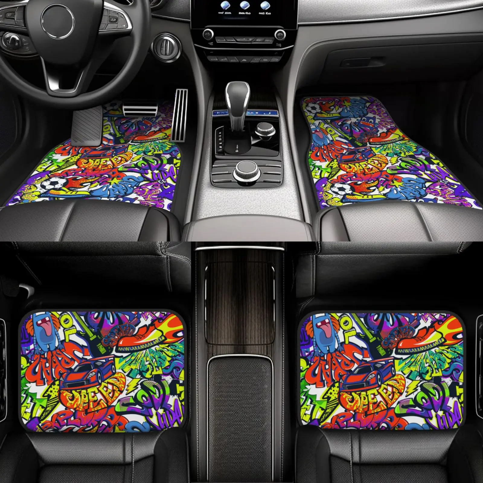 Graffiti Car Floor Mats American Comic Collection Pop Art Print Waterproof Non-Slip Front & Rear Foot Mats Full Set of 4 Pieces