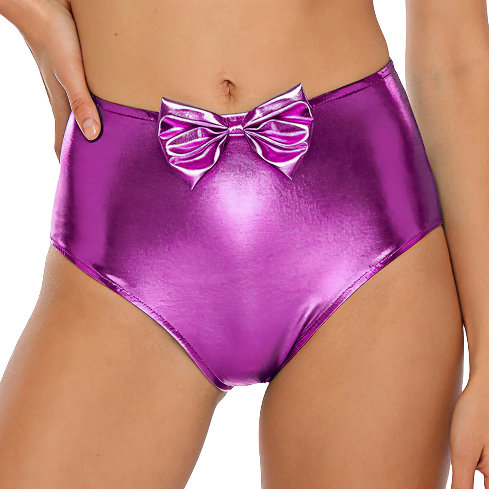 กางเกงขาสั้นผู้หญิงแบบเมทัลลิกเงาวับ แต่งโบว์น่ารัก จับจีบเอวสูง สีรุ้ง  สำหรับงานปาร์ตี้ คลับ หรือเต้นรำ