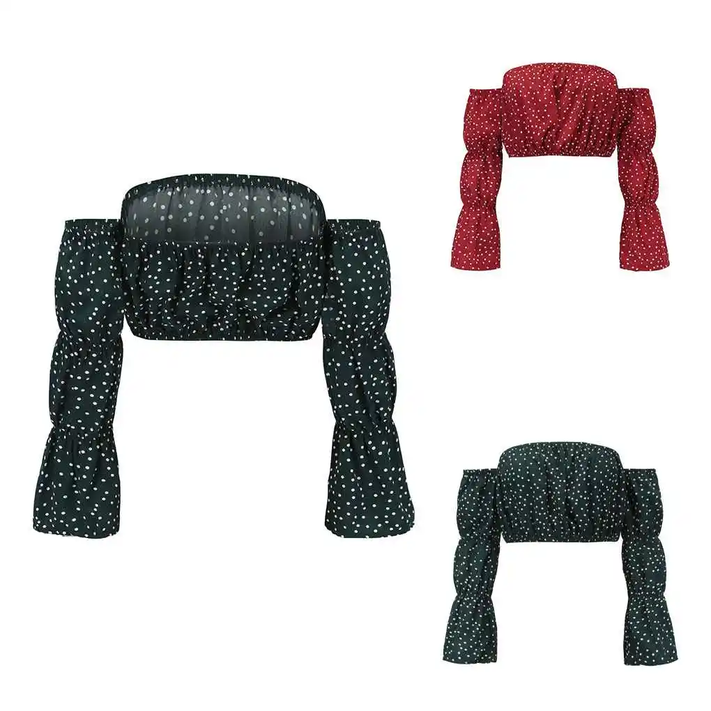 المرأة دوت طباعة قبالة الكتف المحاصيل الأعلى طويلة الأكمام بلوزة قصيرة مرنة #5