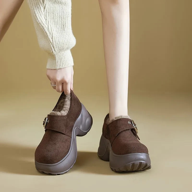 أحذية عالية الكعب موضة جولة تو الجلد المدبوغ مشبك معدني أفخم منصة دافئة عدم الانزلاق كتلة كعب الأحذية القطنية