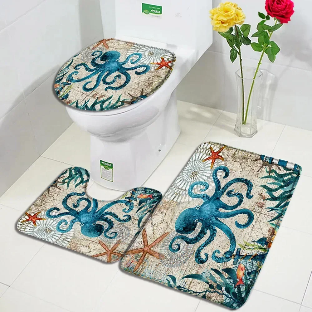 Ocean Animal Bath Mat Set Sea Turtle Octopus Seahorse Seaweed Vintage Nautical Map Bathroom Decor Non-Slip Rugs Toilet Lid Cover