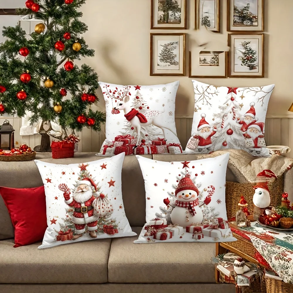 4pcs Pillowcase, Christmas Theme, Santa Claus, Christmas Gnome,Elements, Suitable for Home Sofa Decoration, for Home Additions