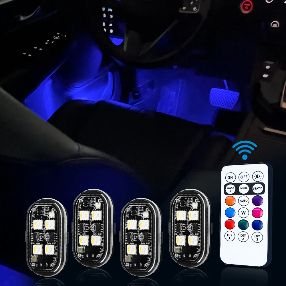 4 قطعة أضواء LED ستروب لاسلكية مع جهاز تحكم عن بعد، أضواء تحذير LED لاسلكية 8 ألوان USB شحن بدون طيار سيارة شاحنة RC الطائرات