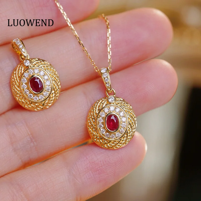 LUOWEND 100% 18K Yellow Gold Necklace Luxury Diamond Natural Ruby Necklace for Women Fashion Classic Design High Party Jewelry