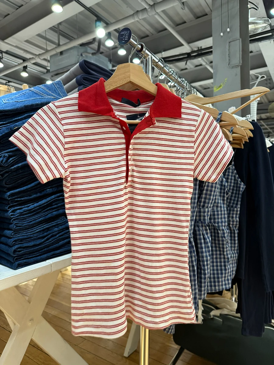 

Хлопковая тонкая футболка в красную полоску, женская летняя футболка с отложным воротником и короткими рукавами на пуговицах, винтажная рубашка поло в консервативном стиле, топ