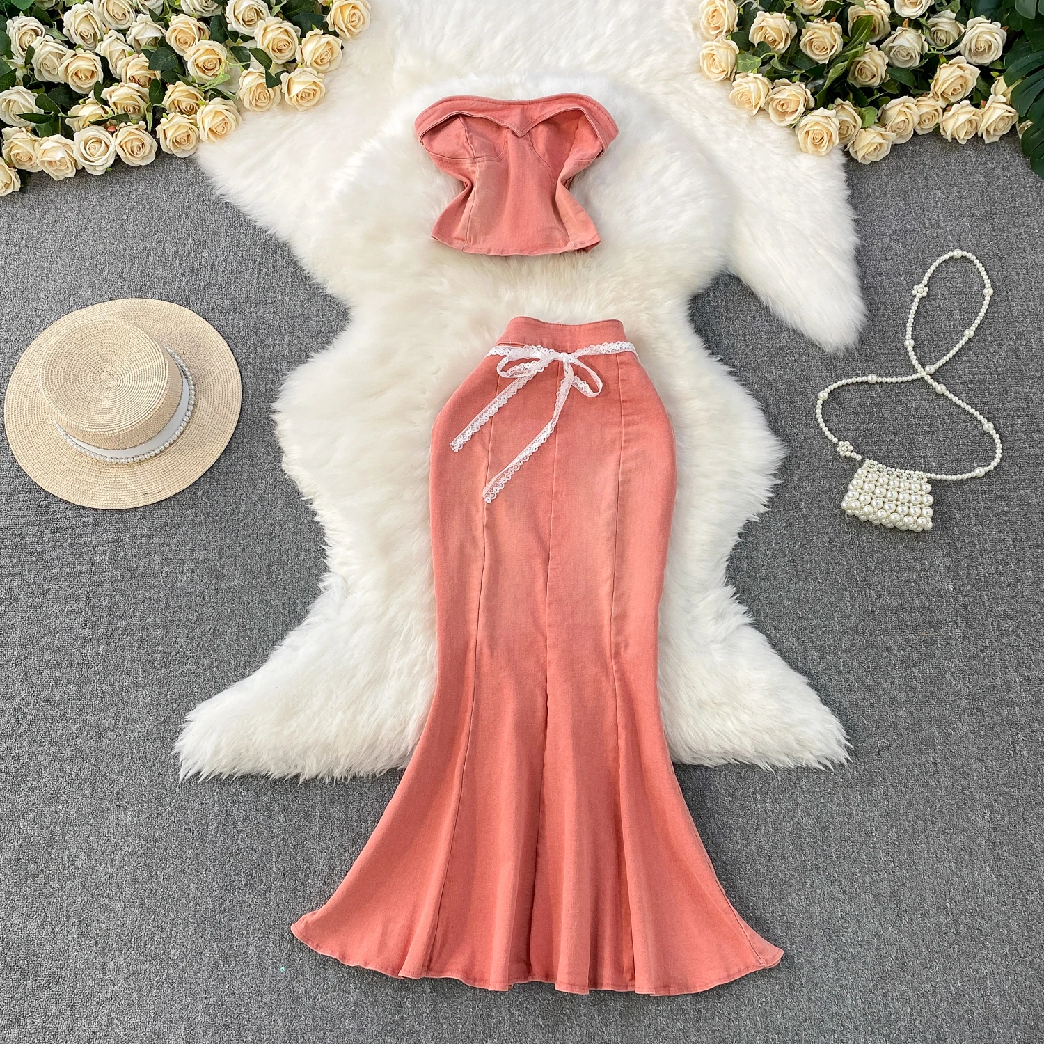 

2Pieces Set Fashion Strapless Denim Vest Top + Lace Lace-up High Waisted Mermaid Half Skirt Summer Women Pink Denim Suit