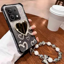 Airbag Wrist Strap Glitter Love Heart Makeup Mirror Phone Case On For Xiaomi Redmi Note 12 12s 13 Pro 4G 5G Cover