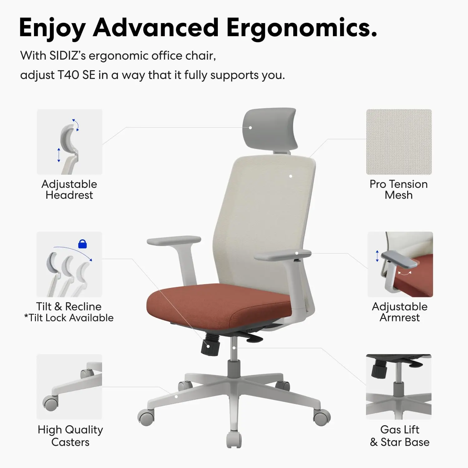 T40 SE Ergonomic Office Chair : Comfortable Home Office Chair with Reclining Tilt Lock, Headrest, 3D Armrests