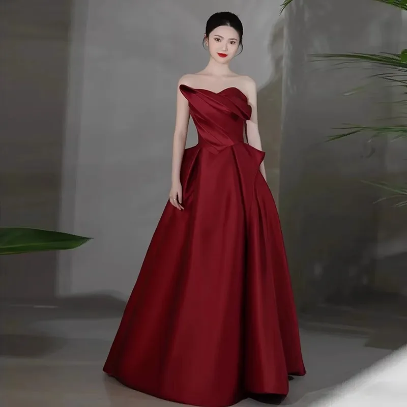 Luxury 2024 New Wedding Party Dress Strapless Elegant Satin Simple Evening Dresses Temperament Pleated Robe Women Vestidos