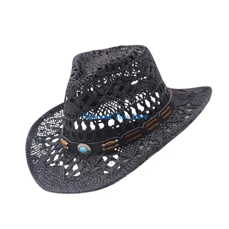

HX6F Wide Brims Straw Hat With Ethnic Hat Belt For Women Girl Travel Outdoor Event