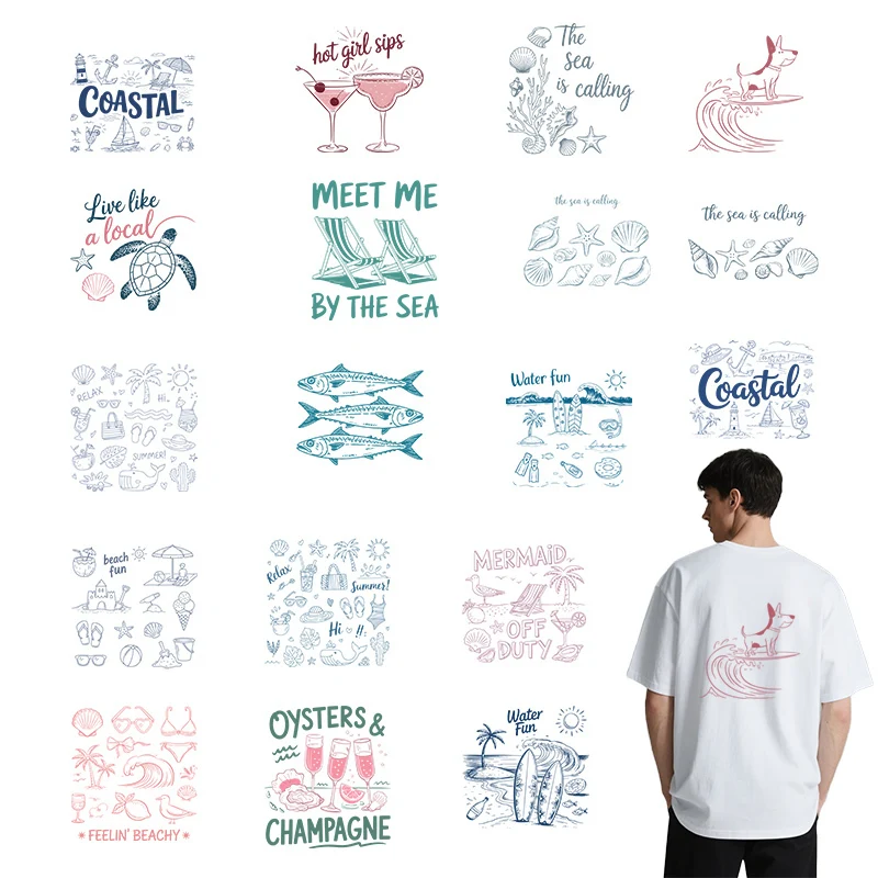 Beach Scenery Heat Transfer Stamping Beach Chair Shell Coral sardine Bikini DIY T-shirt Coat Clothing Vinyl Patch Washable