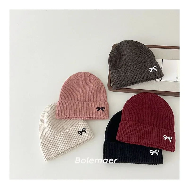 1 Piece 2024 New Fashion Knitted Hat for Kids Girl Sweet Embroidery Bow Kids Girl Beanie Cute Autumn Winter Warm Elastic Hat