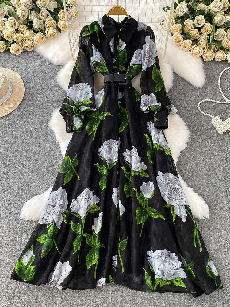 

Spring Autumn French Holiday Style Printed Collar Long Sleeve Dress Women's Singles with Buckle Waist Elegant Long Dress S456