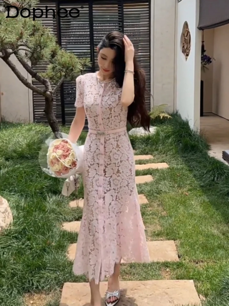 

2026 Summer New Women's Dress Pink Lace High-End Slim Elegant Temperament Ladies Mermaid Crew Neck Short Sleeve Long Dress