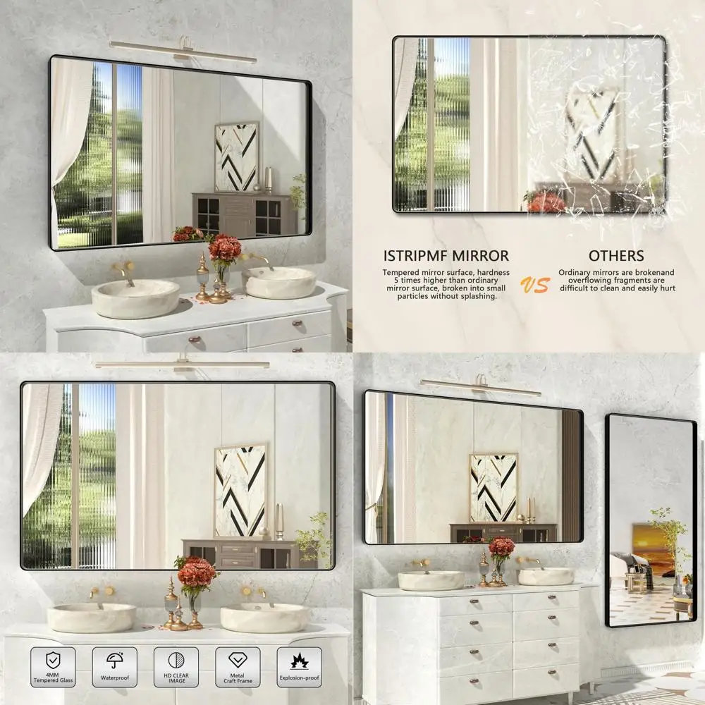 

Большое матовое черное косметическое зеркало 60x36 дюймов с круглыми углами и металлическим каркасом для стен ванной комнаты, закаленное стекло, антикоррозийное, костюм