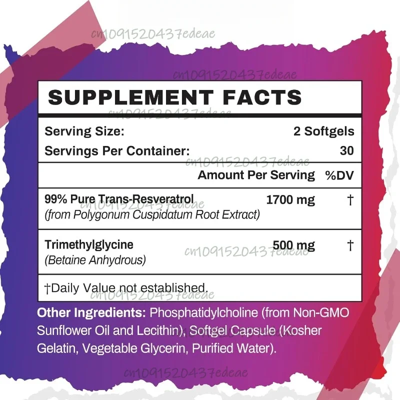 ريسفيراترول ليبوسومال ومكمل TMG 2200 مجم، مضاد للأكسدة، نظام المناعة، الجلد والصحة العامة، 60 كبسولة هلامية