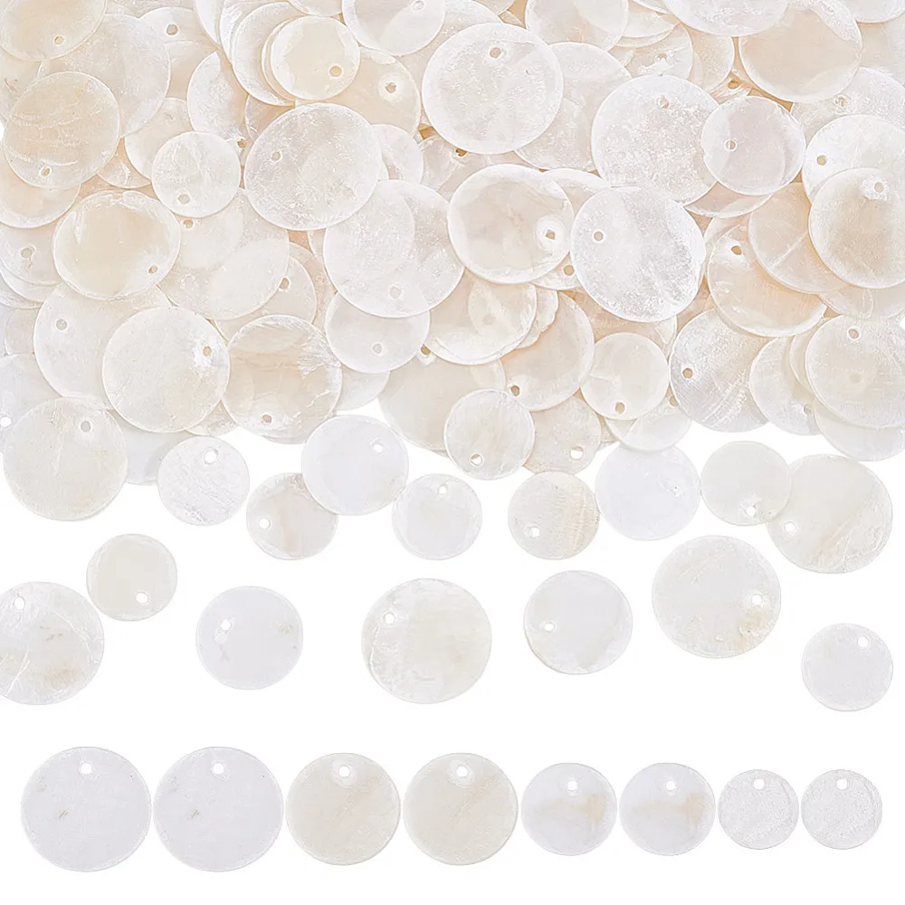 

210Pcs 4 Styles Capiz Shell Pendants Flat Round Charms WhiteSmoke 12~20.5x0.5~1.5mm Hole: 1.2~1.4mm