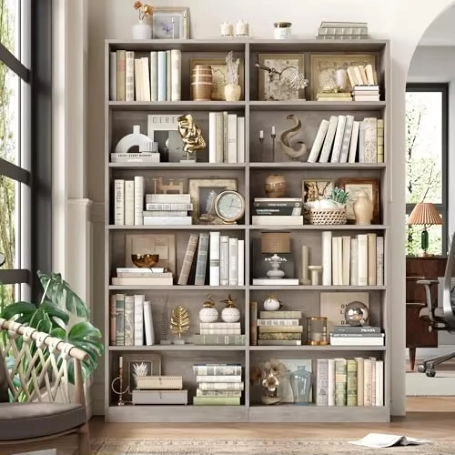 Bookshelf Tall Bookcase, 6-Tier Double Wide Bookshelves,Wash Grey | Freestanding Display Storage Shelves, Tall and