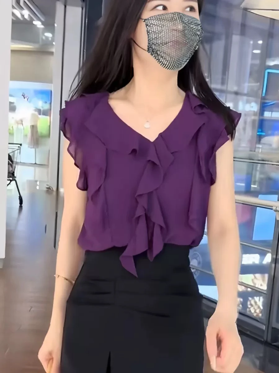 

Элегантная женская рубашка без рукавов с V-образным вырезом, летний тонкий кружевной топ, утягивающий, шикарный, свободного кроя, стандартной длины, однотонная рубашка