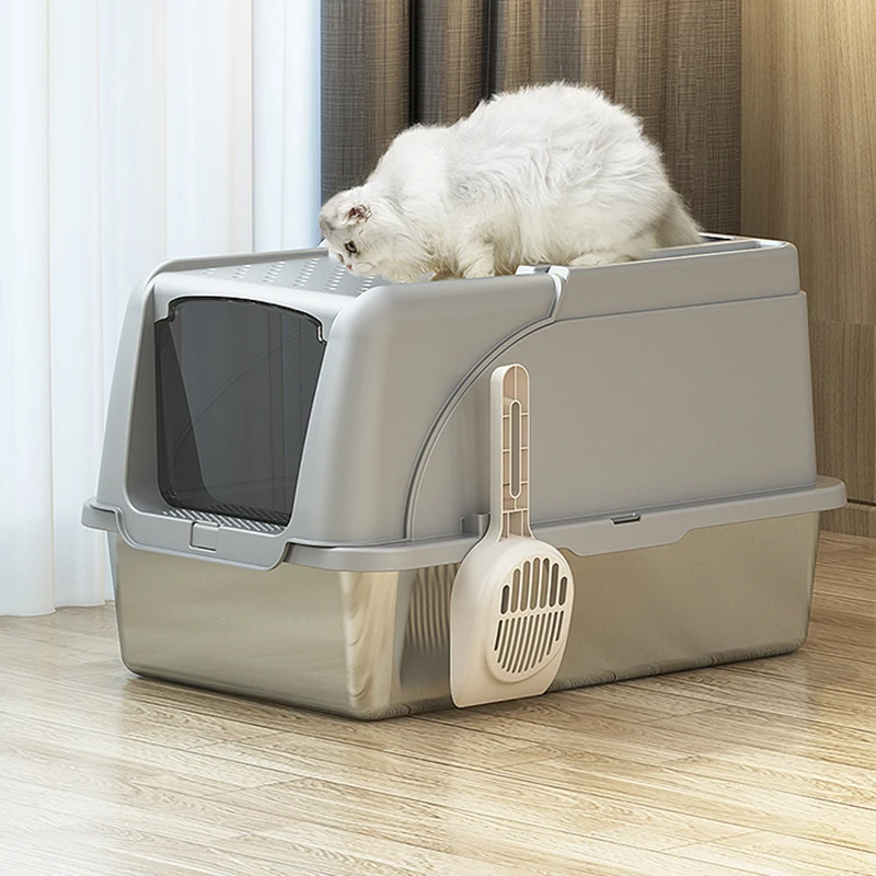 Booteely Stainless Steel Flip Top Litter Box Oversized Fully Enclosed Cat Deodorant Cat Toilet Top-in Maine Muppet Splash-Proof