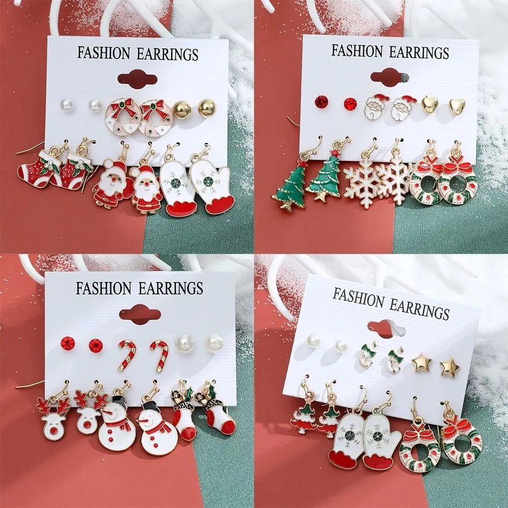 Brincos bonitos do parafuso prisioneiro do Natal para mulheres e meninas, alces marrons, boneco de neve, Santa Claus, árvore do Xmas, presentes, 6 pares