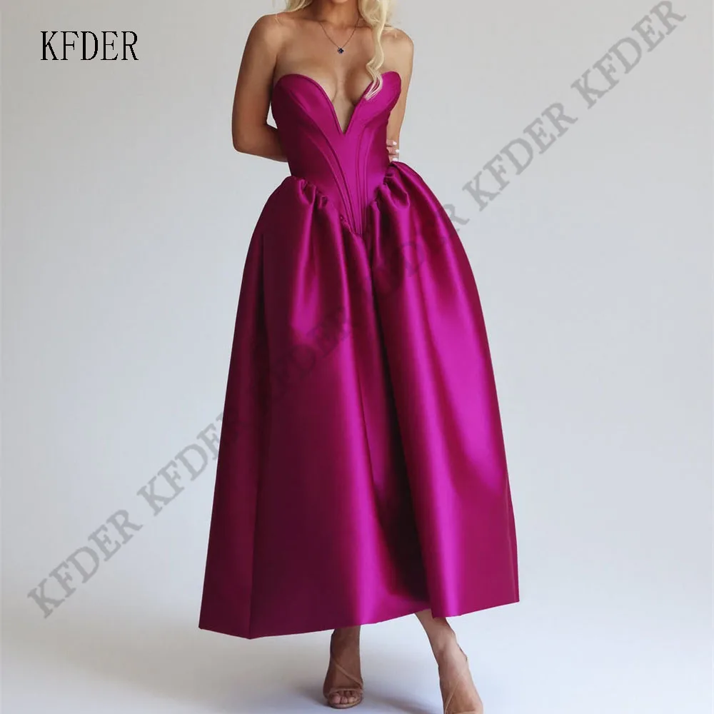 

Custom Fuschia Short Pleat A Line Formal Party Dress Corset Sleeveless Tea Length Graduation Evening Prom Wedding Guest Gowns