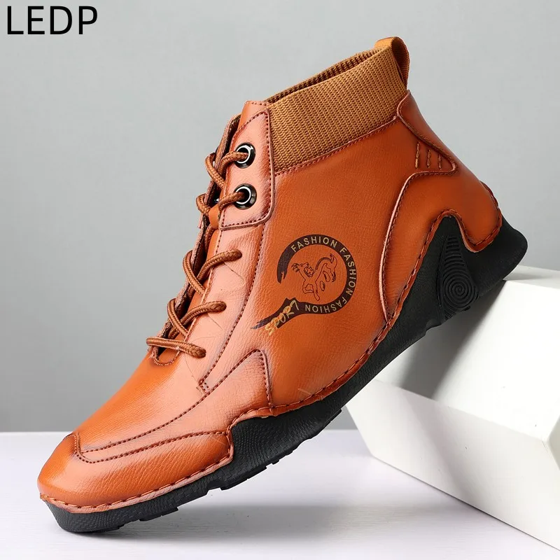 Men's Outdoor Shoes Two-layer Cowhide Trendy All-match Waterproof Platform Breathable Fashion Comfortable Non-slip Round Toe