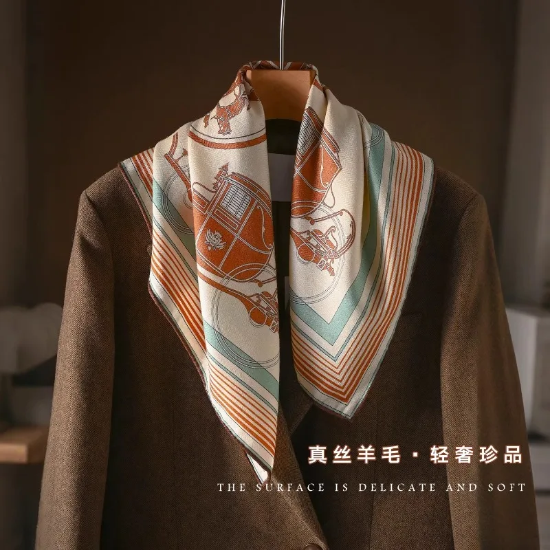 30% MULBERRY SILK 70% WOOL Square Scarf Vintage Royal Carriage Print Multi-layer Border Neck Scarf Luxury Silk Bandana Elegant