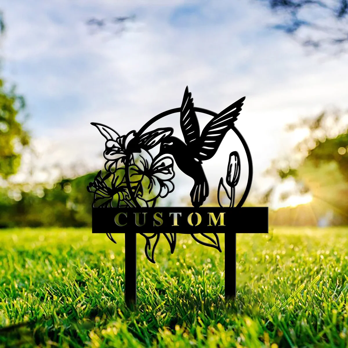 Personalized Outdoor Minimalist Metal Decorations Flower Hummingbird Welcome Stake Signs,Garden Metal Sign, Custom Name Sign