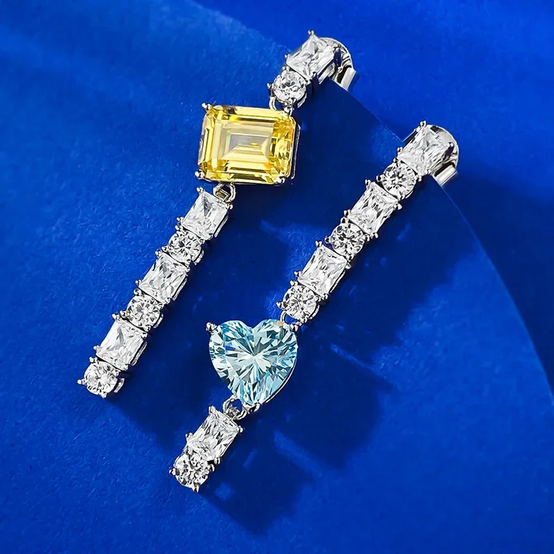 Pendientes de tira larga de color de contraste brillante europeo y americano, pendientes de amor azul marino de diamante amarillo, un par