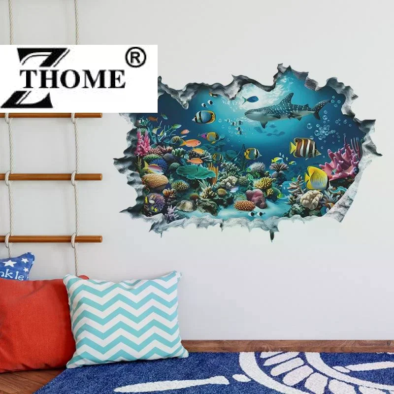 3D Wall Stickers Shark Broken Wall Aquarium Ocean Wall Stickers For Kids Room Bathroom Kitchen Home Decor
