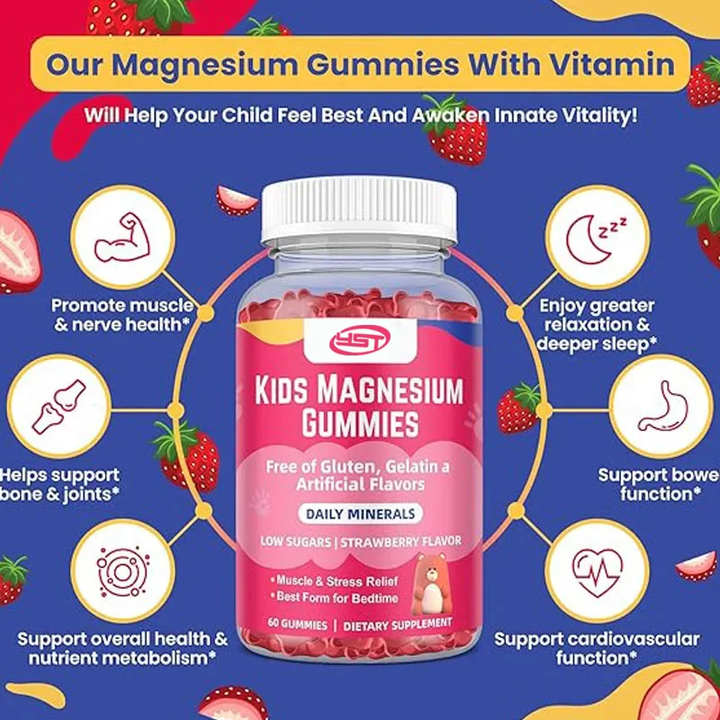 Children's Magnesium Soft Candy - Magnesium Citrate+Vitamin B6 and D3- Pure Strawberry Flavor 60 capsules