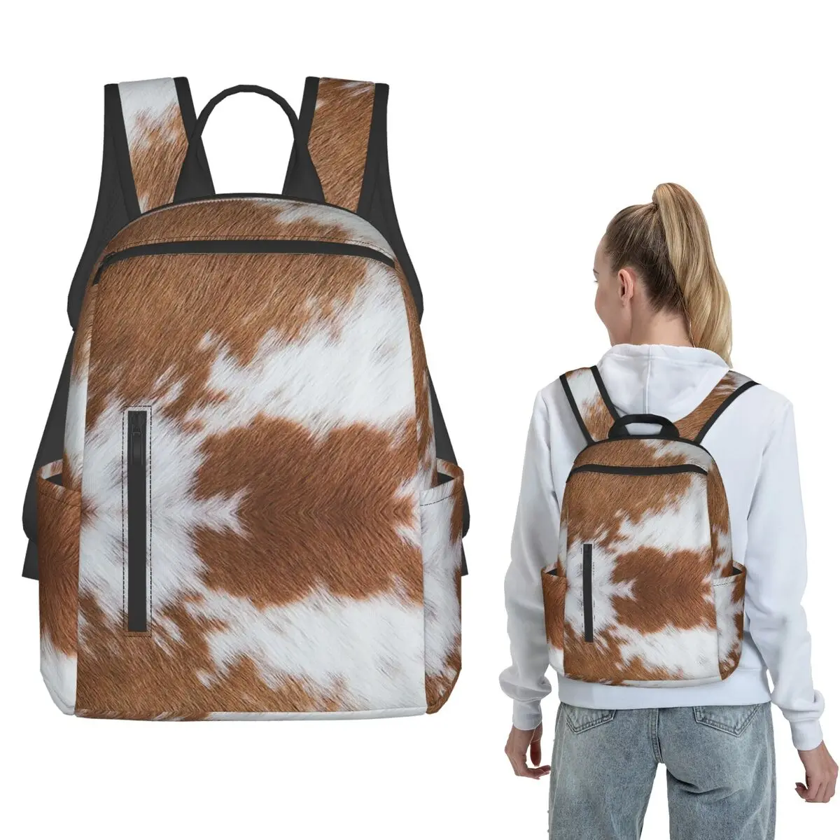 Stylish Cow Fur Cowhide Texture Cow Skin Print Pattern Backpack Large Capacity Boys Girls BookBag School Bag Shoulder Bags