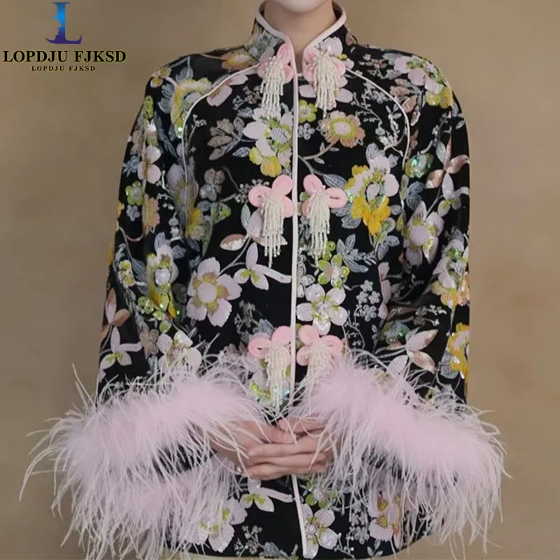 Women's Heavy Industry Sequin Embroidered Velvet Jacket New Chinese Style Loose Cotton Outerwear for Autumn Winter